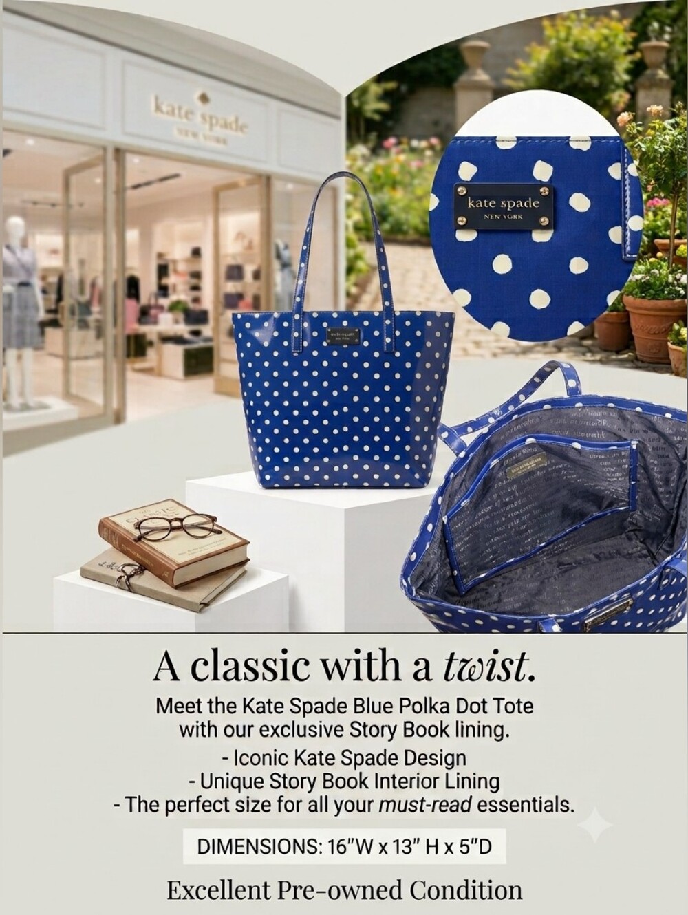 Kate Spade Story Book Lining Blue/White Polka Dot Tote Bag, EUC